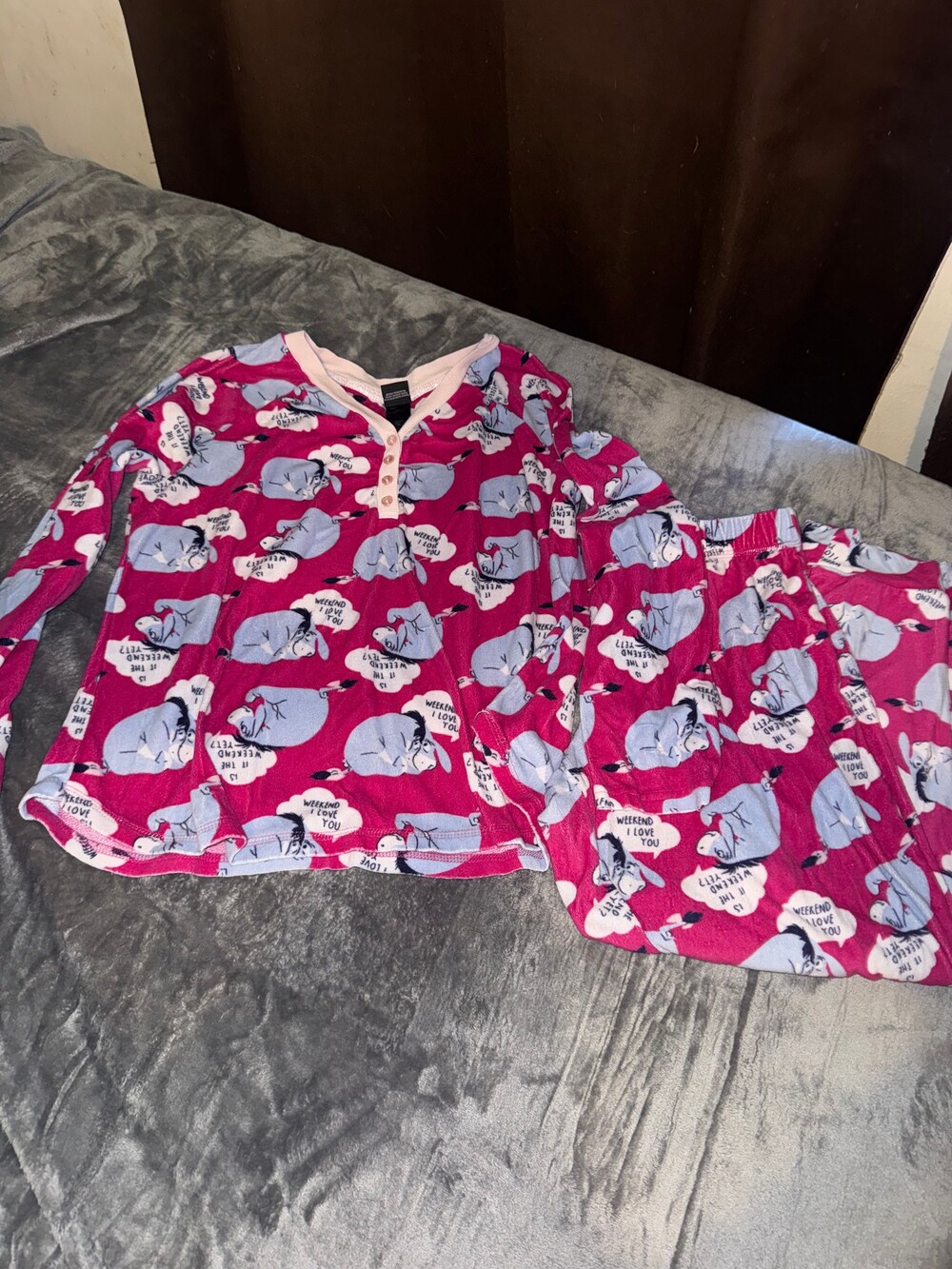 Disney Eeyore Pajama Set Large Pink Polyester Sleepwear